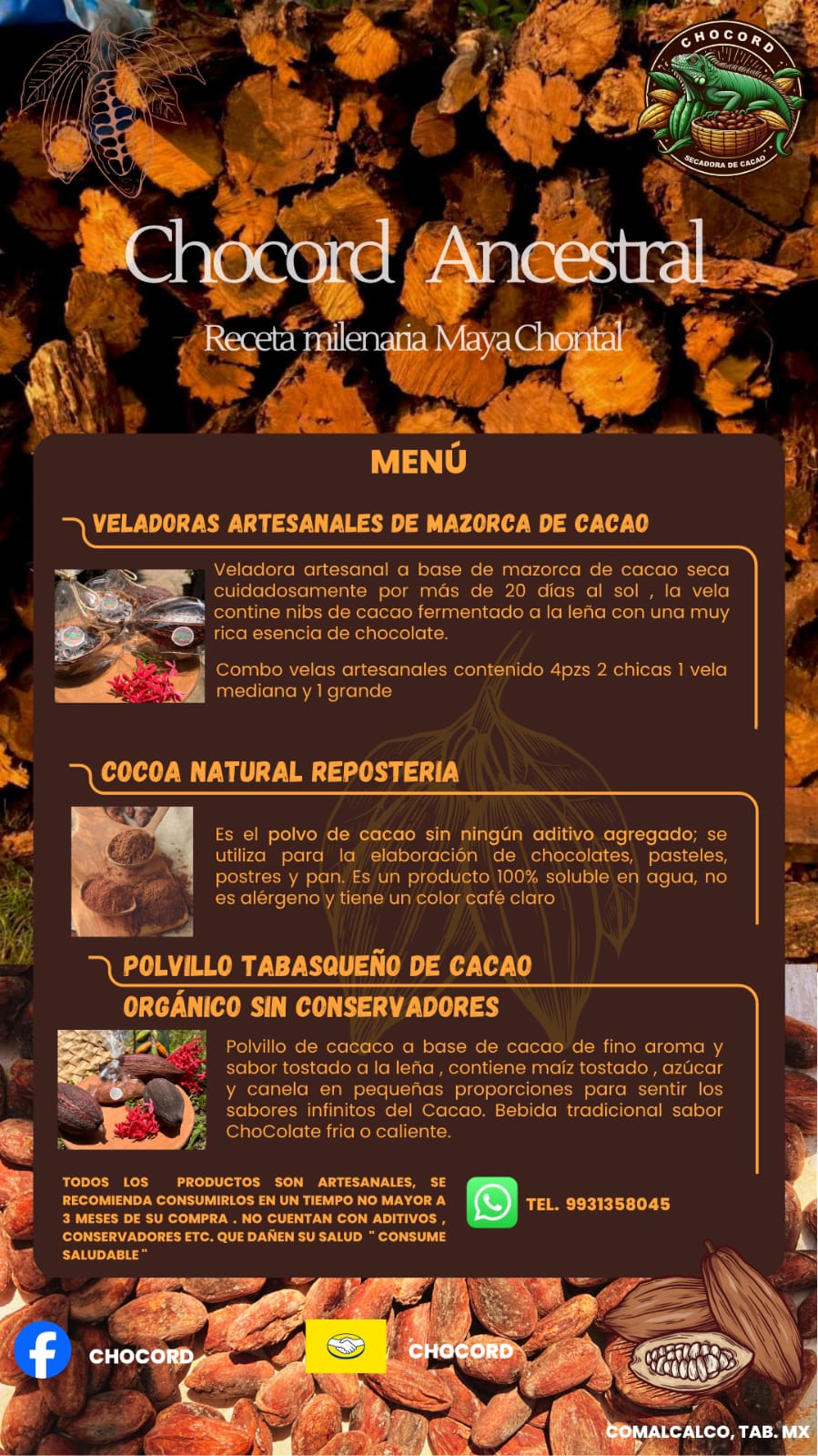 Cocoa natural y polvillo tabasqueño de cacao Chocord